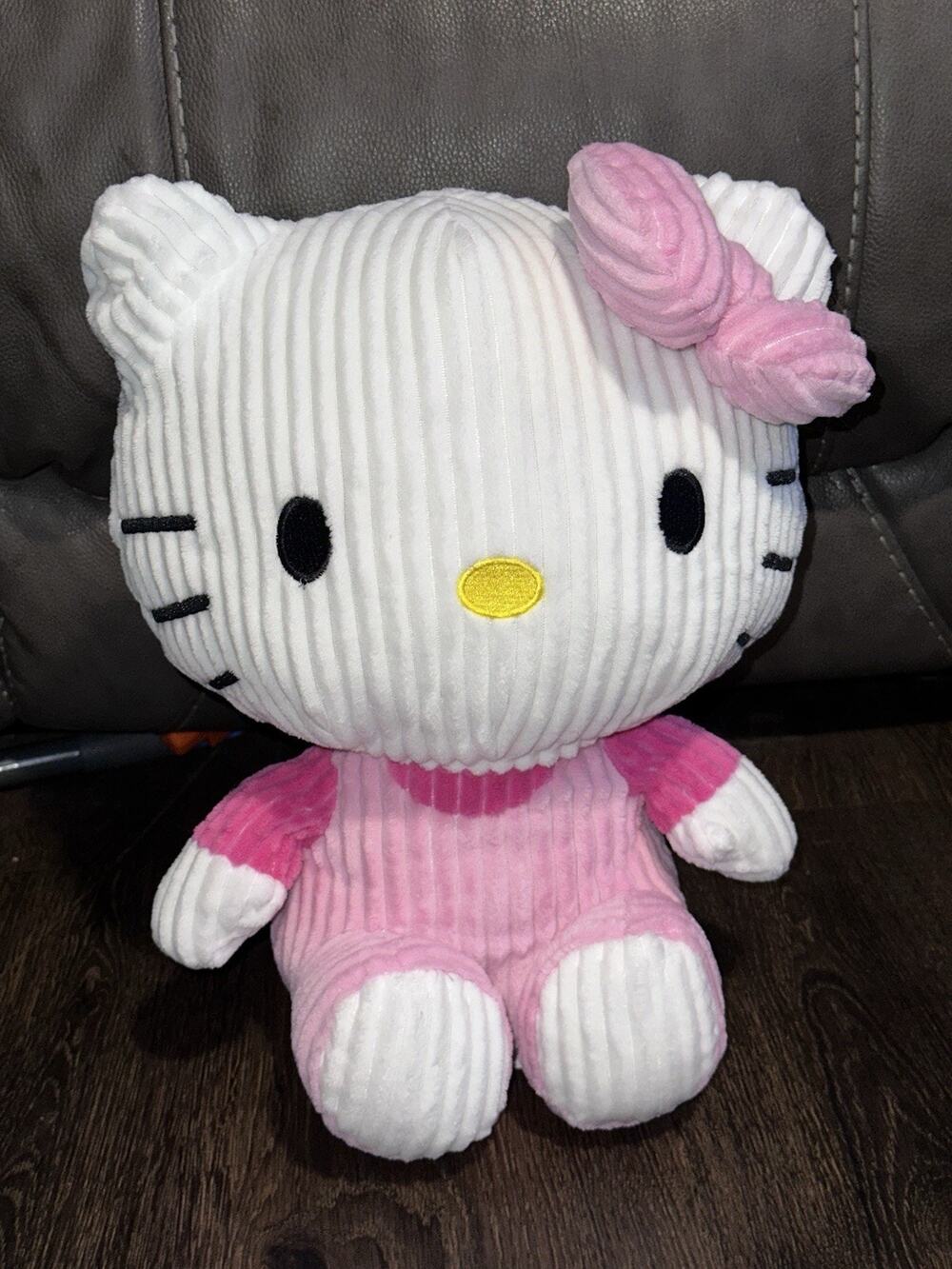 Hello Kitty Pink & White Plush Cat Stuffed Animal Ribbed Corduroy w/ Bow